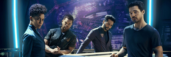 The Expanse, I protagonisti: Naomi Nagata (Dominique Tipper), Amos Burton (Wes Chatham), Alex Kamal (Cas Anvar) e James Holden (Steven Strait)